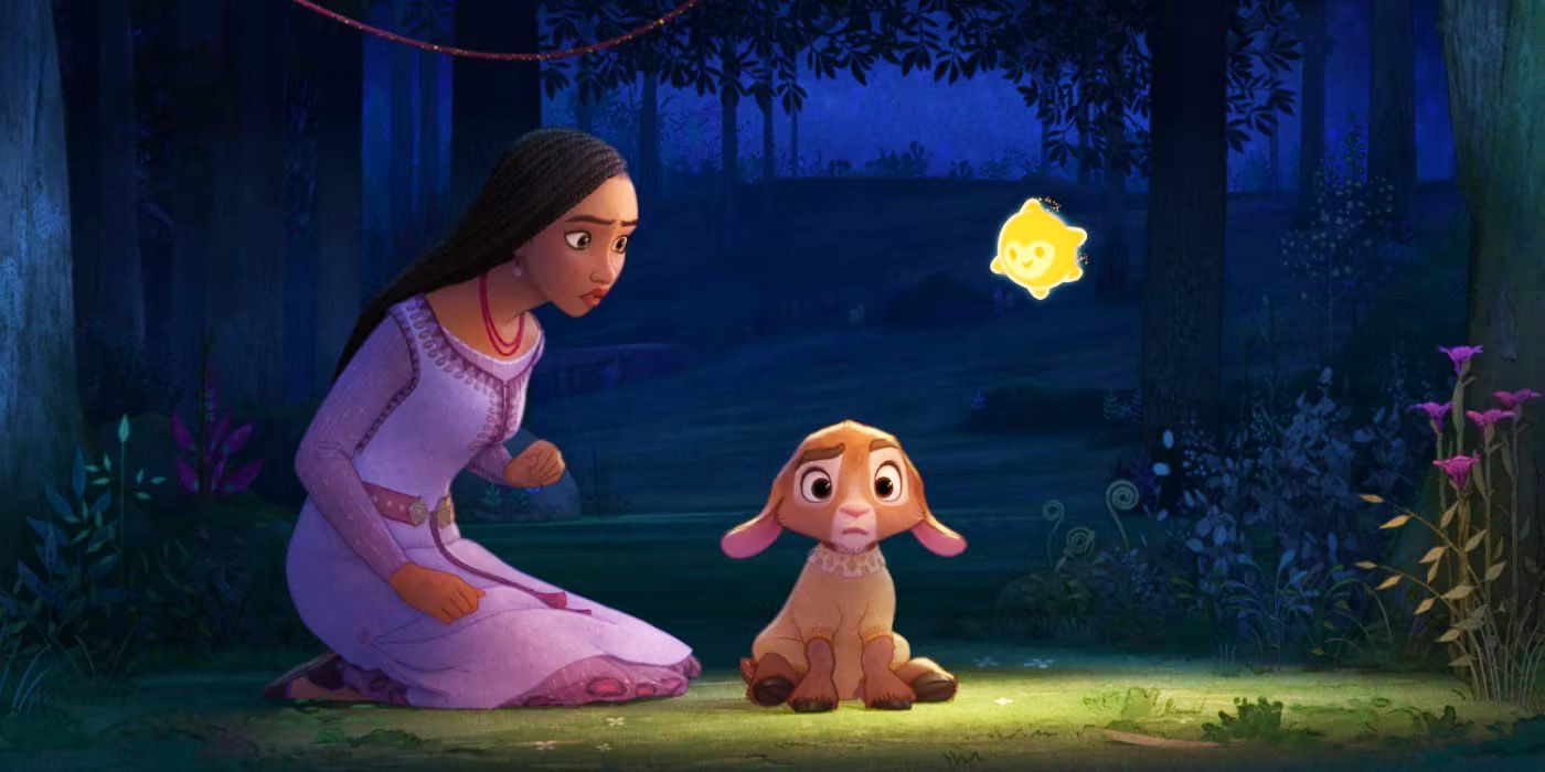 Asha, voiced by Ariana DeBose, Valentino the Goat, voiced by Alan Tudyk, and Star in Wish