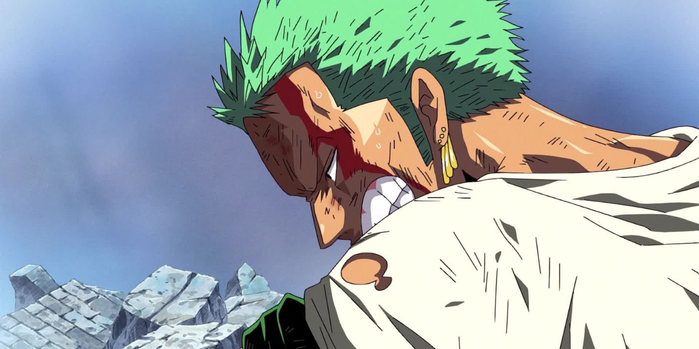 A bloodied Zoro clenches his teeth in One Piece, Episode 377