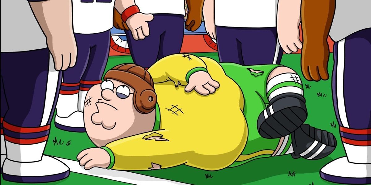 A battered Peter on a football field in Family Guy