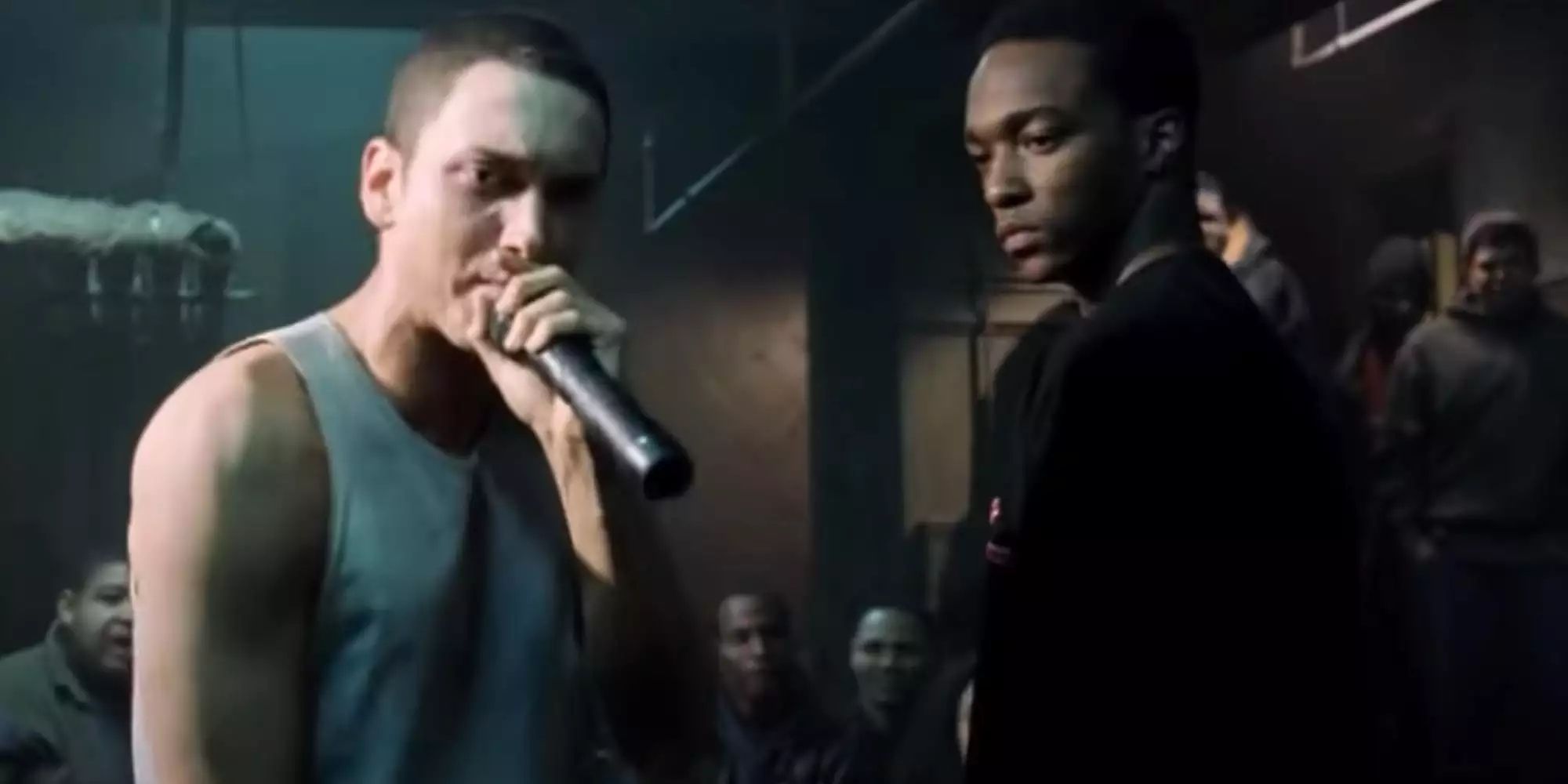 Eminem and Anthony Mackie as B-Rabbit and Papa Doc on stage in 8 Mile