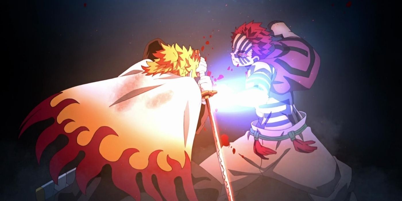 Akaza fighting Rengoku in Demon Slayer