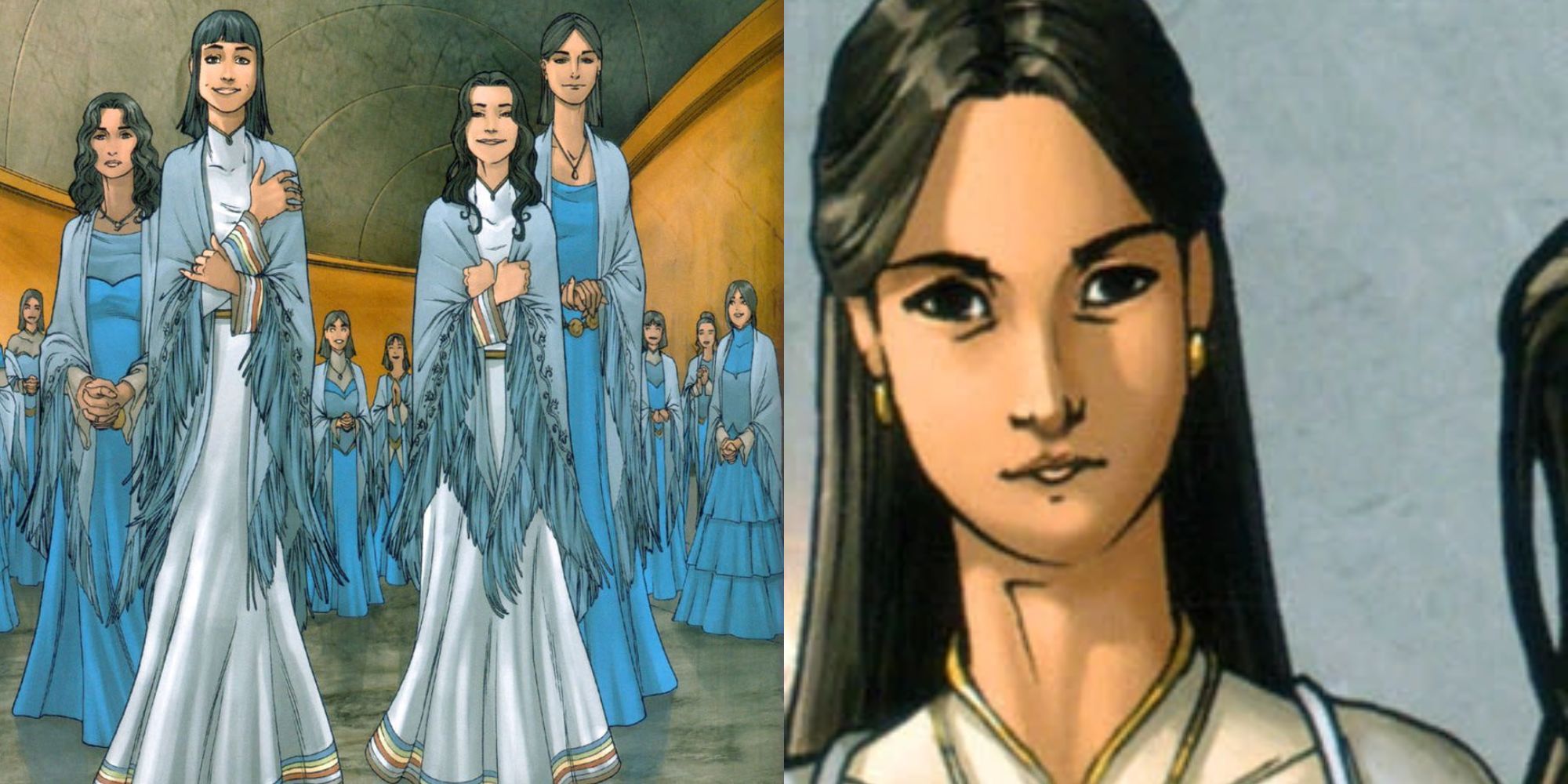 Left: anaiya and three other sisters are raised to the blue ajah. Right: Anaiya Carel. Both are from the New Spring graphic novel 