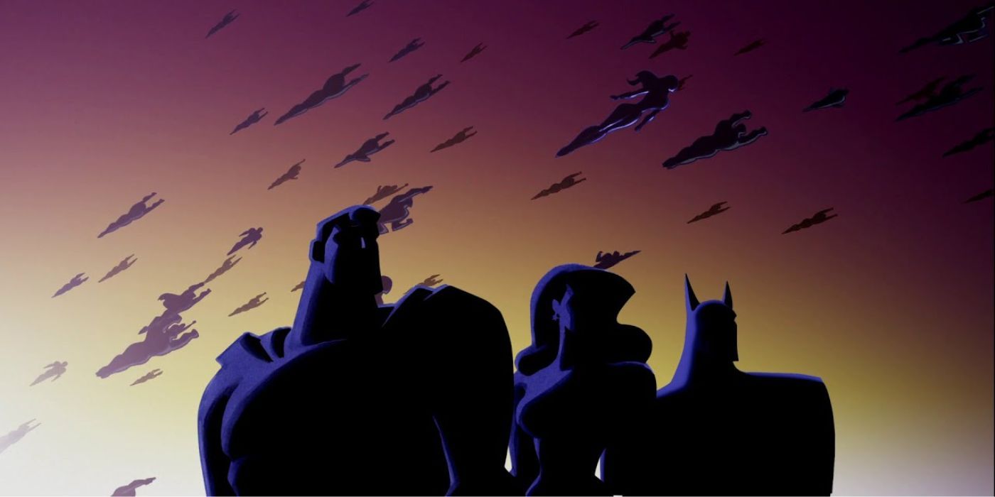 Silhouettes of Batman, Wonder Woman and Superman in the Justice League Unlimited opening