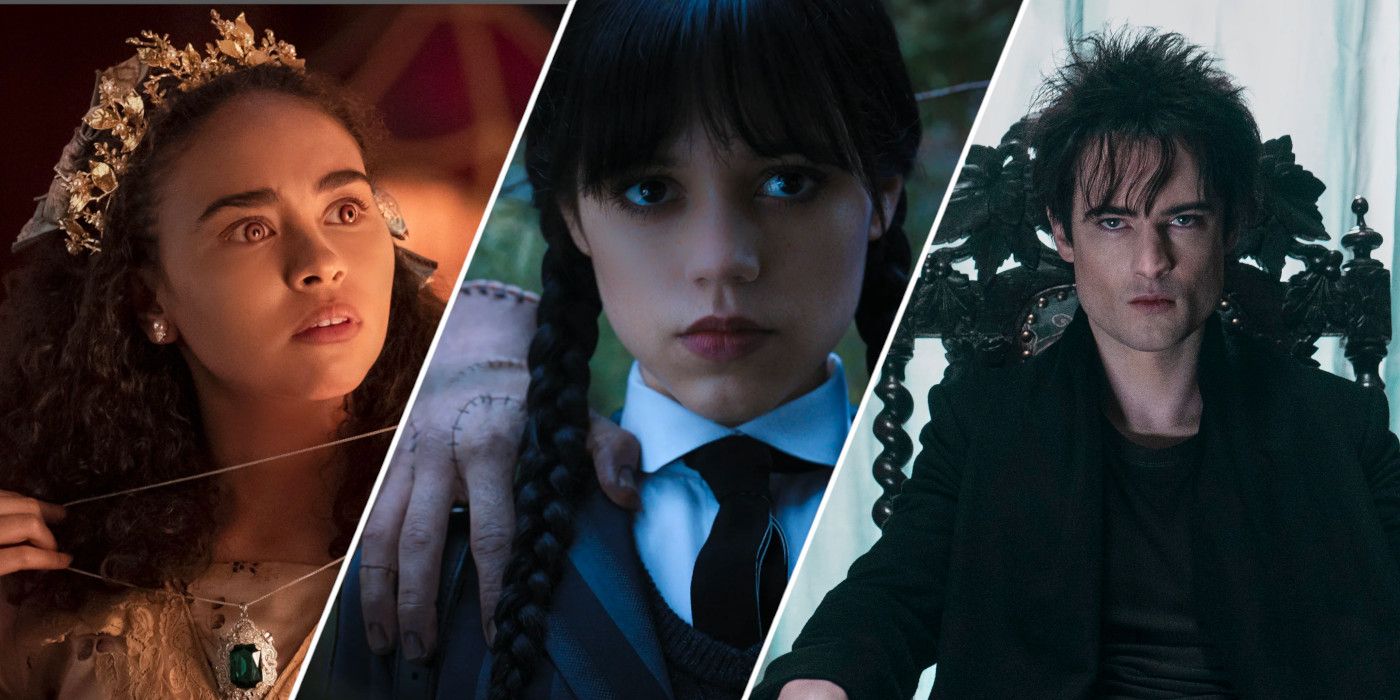 From left to right: Bailey Bass as Claudia in Interview with the Vampire, Jenna Ortega as Wednesday in Wednesday, Tom Sturridge as Sandman in The Sandman.