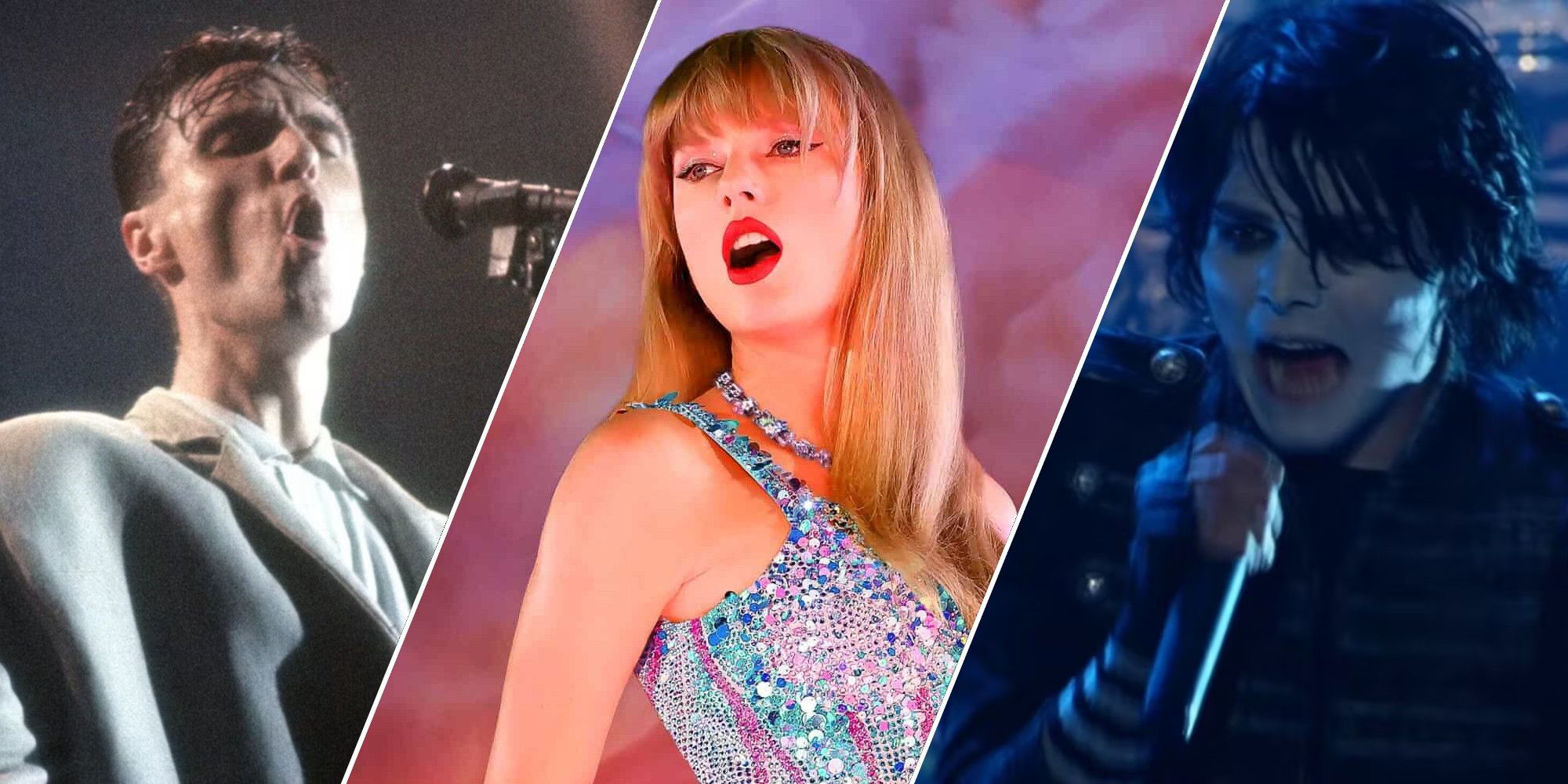 A collage featuring the best concert films of all time, according to Letterboxd, featuring stills from Talking Head's Stop Making Sense, Taylor Swift: The Eras Tour, and My Chemical Romance: The Black Parade is Dead!