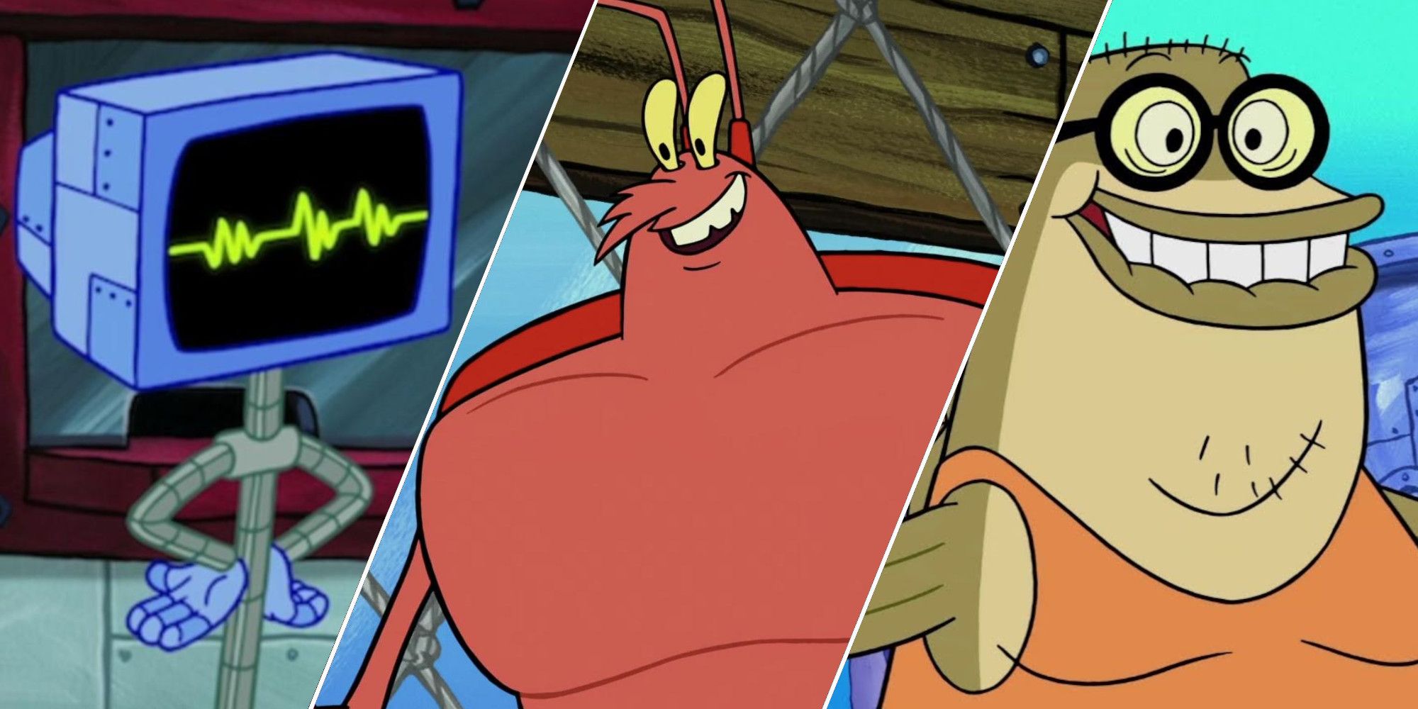 A collage of the best SpongeBob SquarePants side characters, featuring stills of Karen, Larry the Lobster, and Bubble Bass