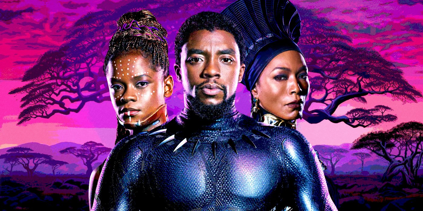 Letitia Wright as Shuri, Chadwick Boseman as T'Challa, and Angela Bassett as Ramonda in Black Panther