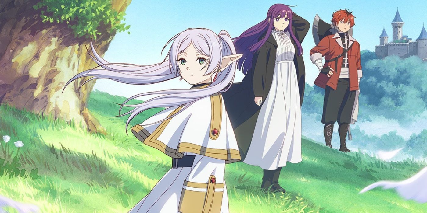 Three characters from Frieren: Beyond Journey's End stand in a field with a castle in the background.