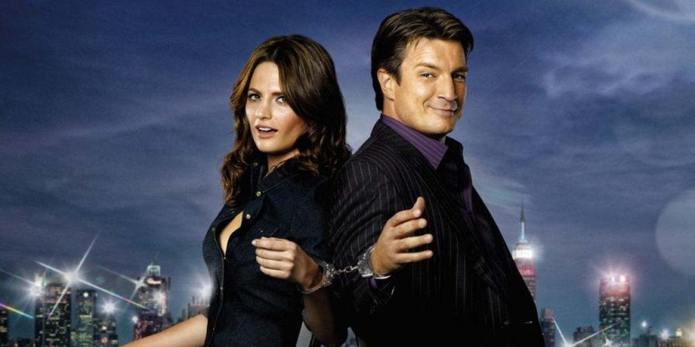 Nathan Fillion's Richard Castle handcuffed to Stana Katic's Kate Beckett on ABC's Castle poster