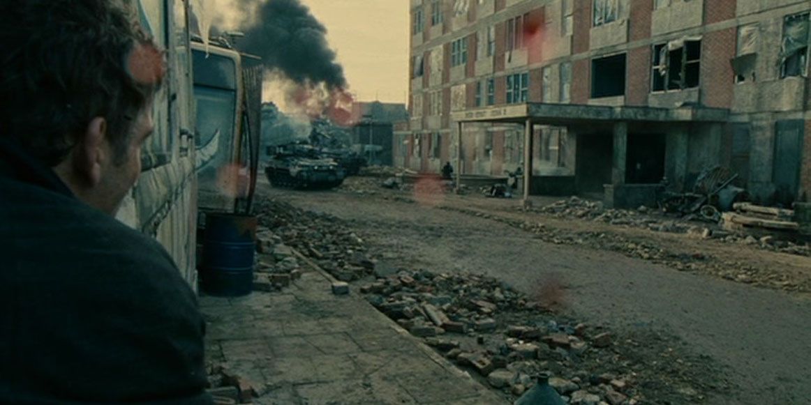 Theo, played by actor Clive Owen, in the final long take of Children of Men