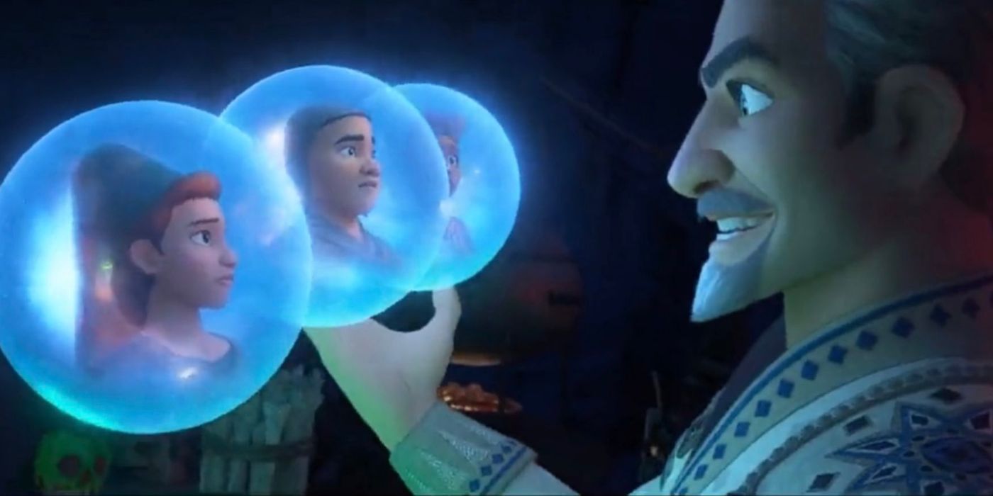 King Magnifico, voiced by Chris Pine, from Disney's Wish looks at three bubbles with people's faces in it