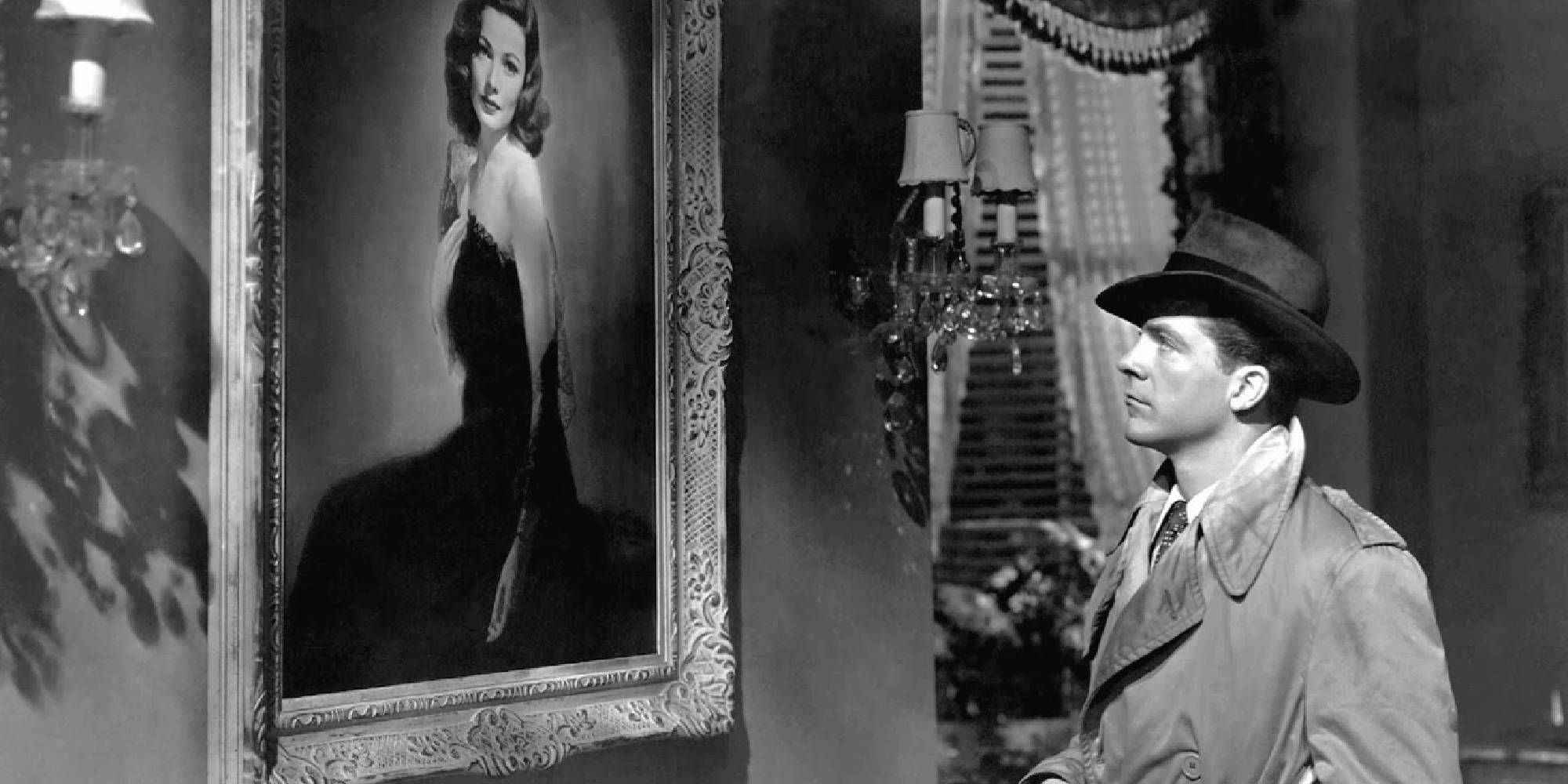Dana Andrews as Mark McPherson looking at a portrait of Gene Tierney's Laura Hunt in Laura.
