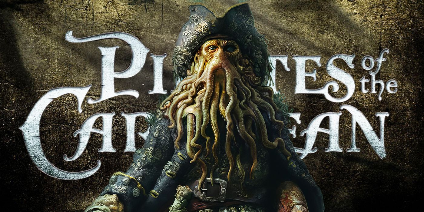 Blended image showing Davy Jones with the words Pirates of the Caribbean behind him