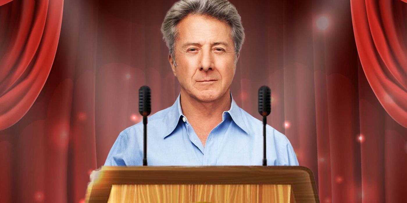 Imagem mesclada mostrando Dustin Hoffman em um pódio.