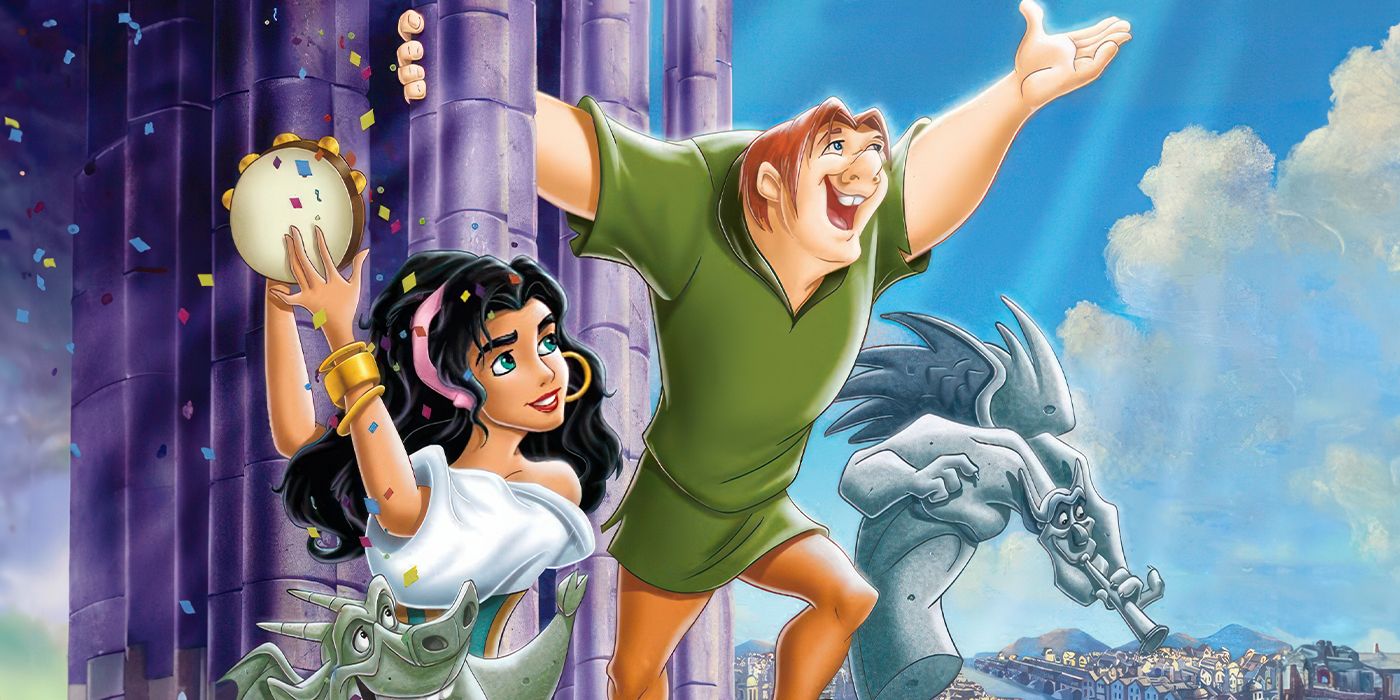 Esmeralda, Quasimodo, and the gargoyles celebrating in The Hunchback of Notre Dame