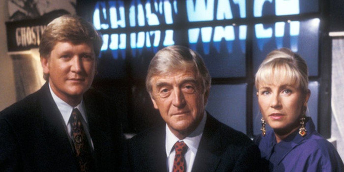 The hosts of 1992's 'Ghostwatch,' Mike Smith, Michael Parkinson, and Sarah Greene. 