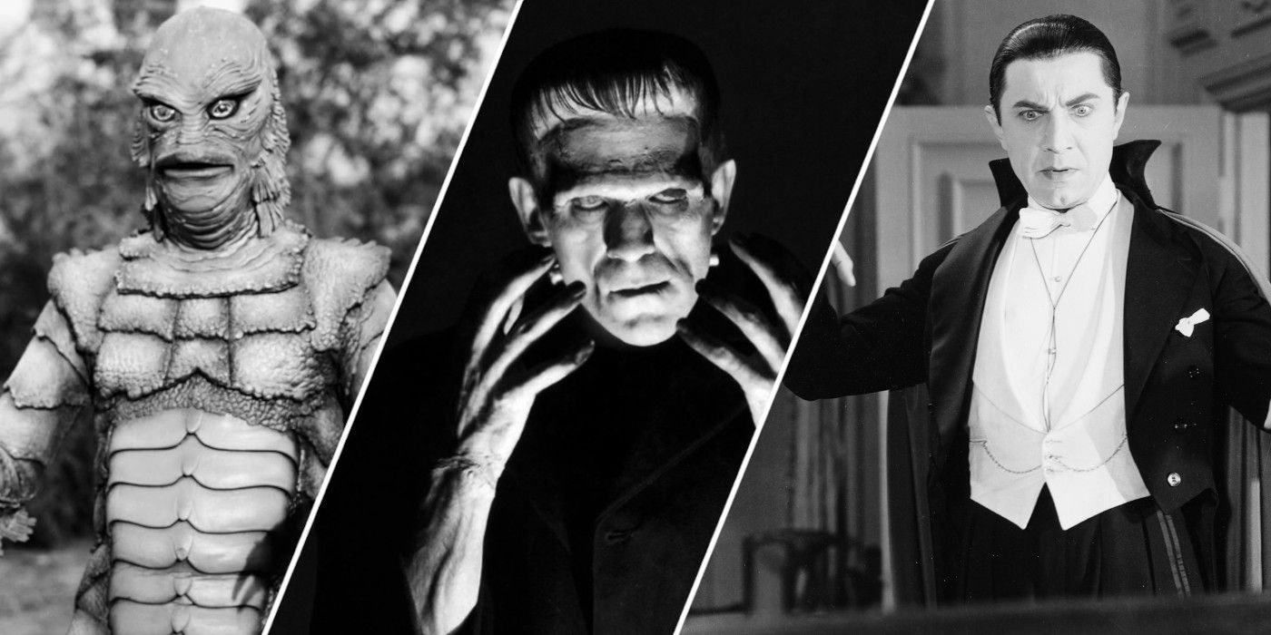 Split image showing Gill-man, Frankenstein's Monster, and Dracula