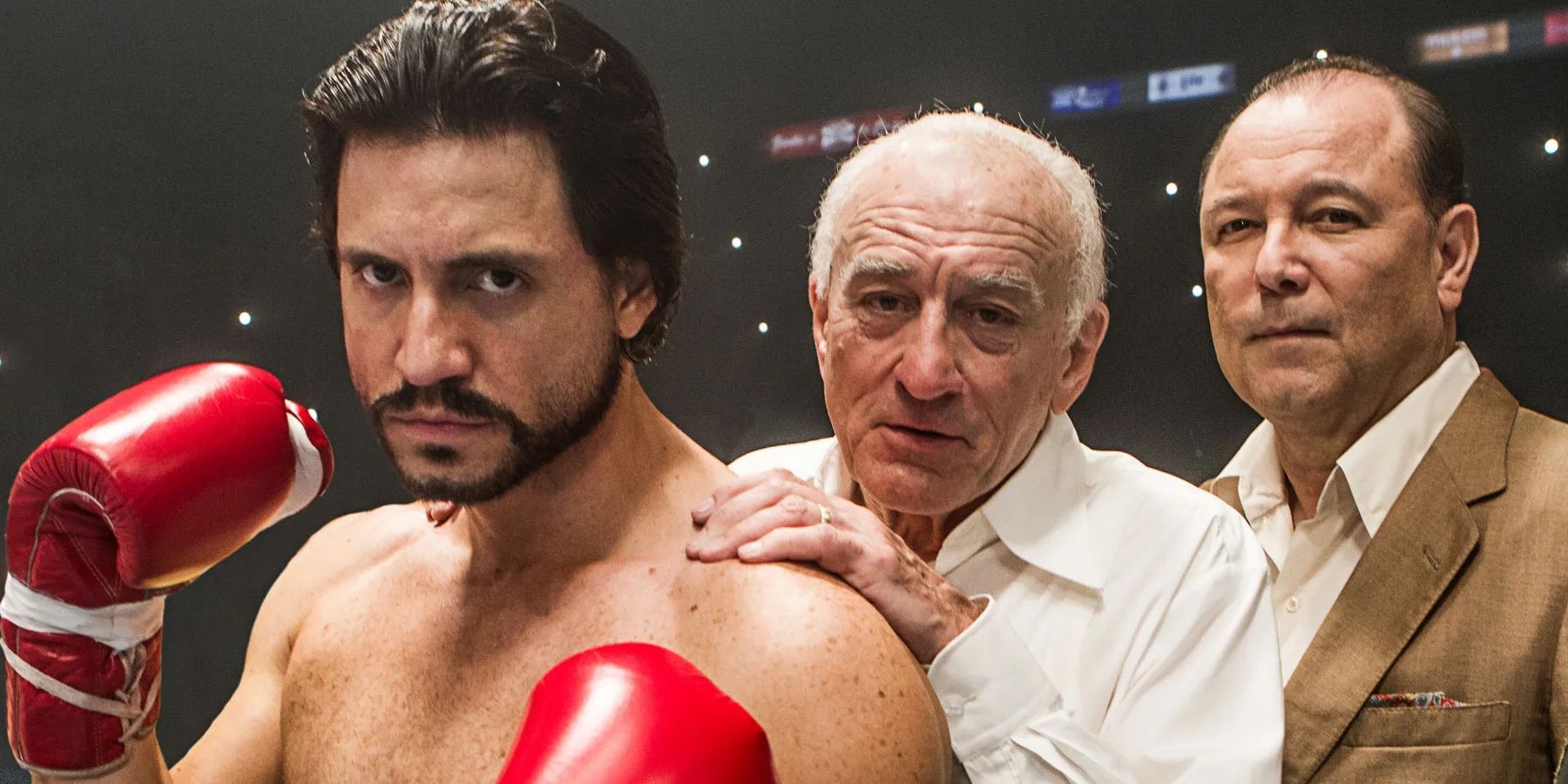 Roberto Durán with his coaches behind him on the boxing ring in the film Hands of Stone.