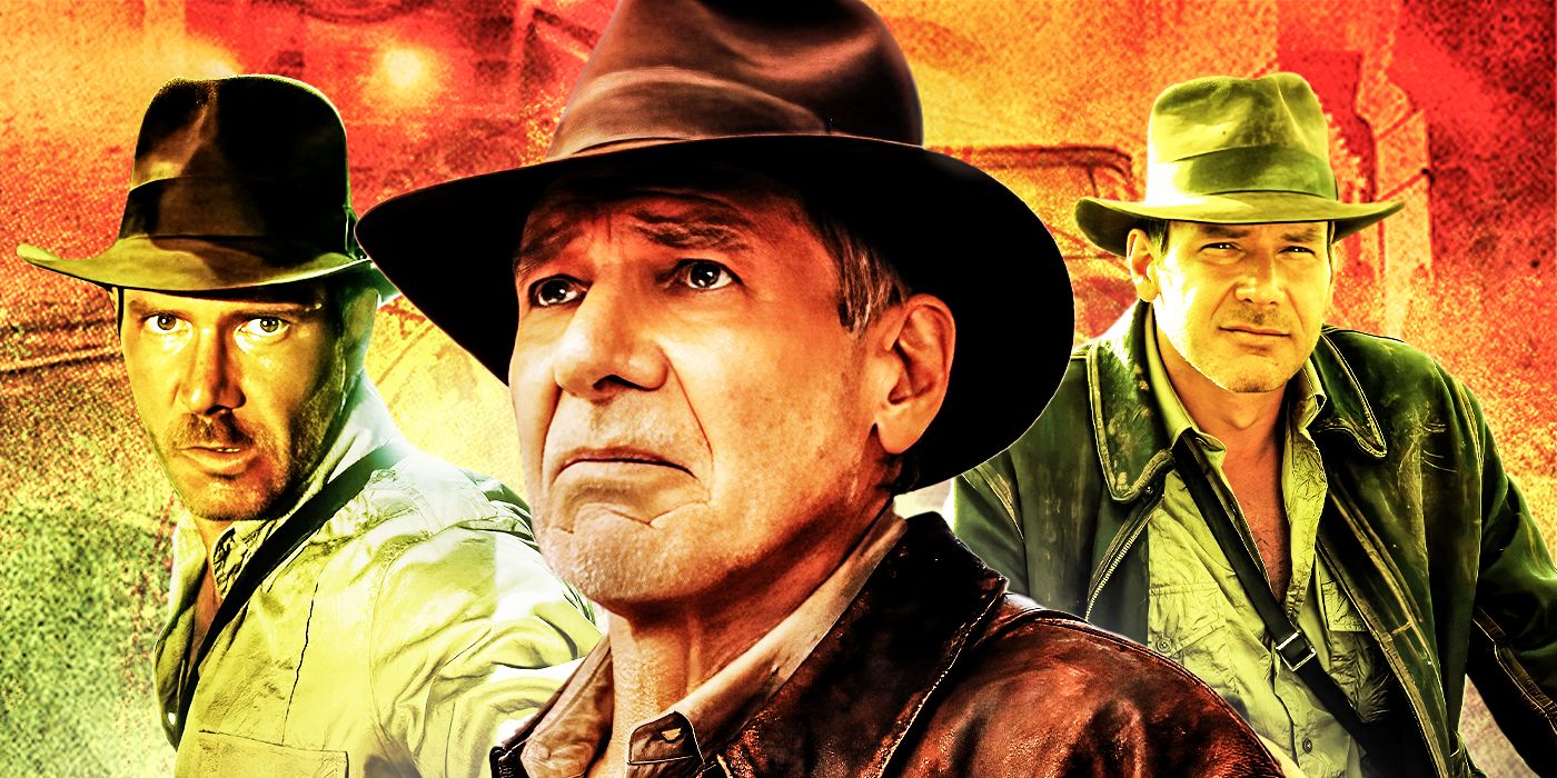 Blended image showing Harrison Ford in three Indiana Jones movies.