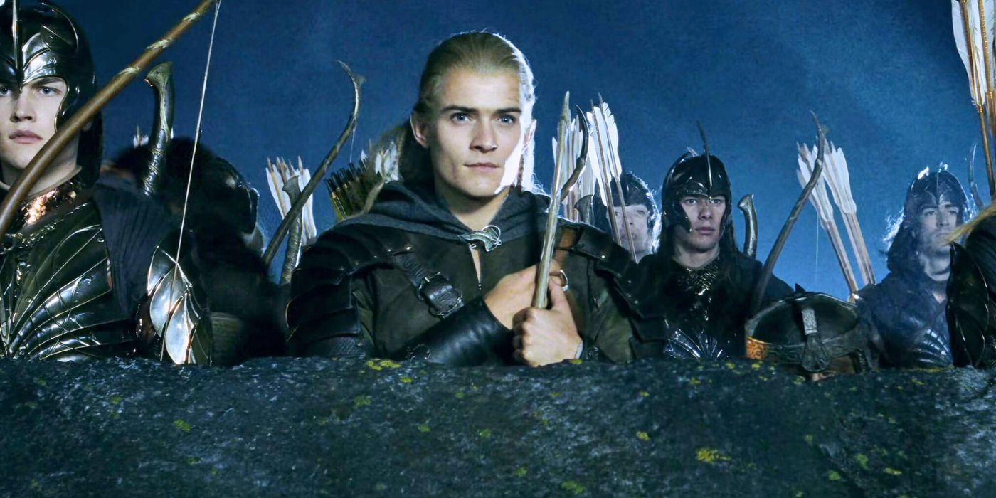 Legolas (Orlando Bloom) and soldiers in Battle of Helm's Deep in Lord of the Rings: The Two Towers