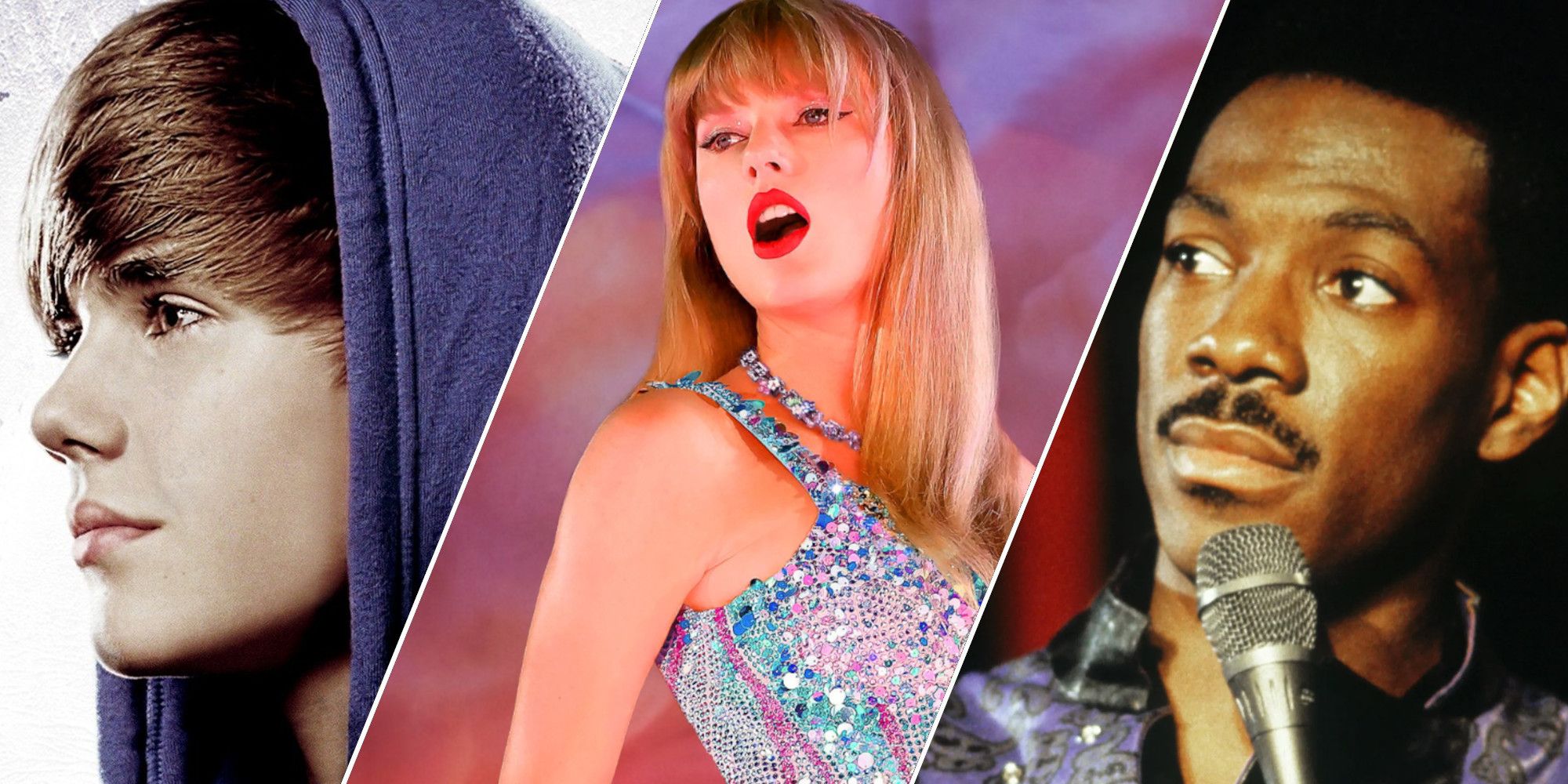 A collage of the highest grossing concert movies of all time, featuring stills from Justin Bieber: Never Say Never, Taylor Swift: The Eras Tour, and Eddie Murphy Raw