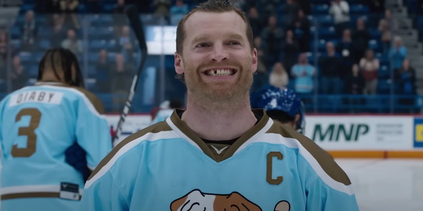 Shoresy (Jared Keeso) smiling in the honkey rink in Season 2 of Shoresy