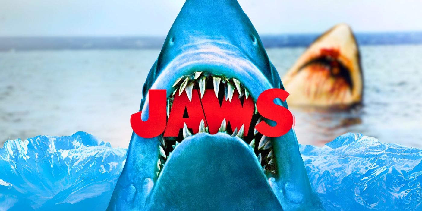Custom image of the shark on the Jaws' poster chewing on the word 'Jaws' with the shark in movie in the background