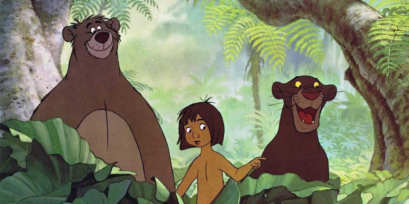 Baloo, Mowgli, and Bagheera looking in the same direction with different expressions in The Jungle Book