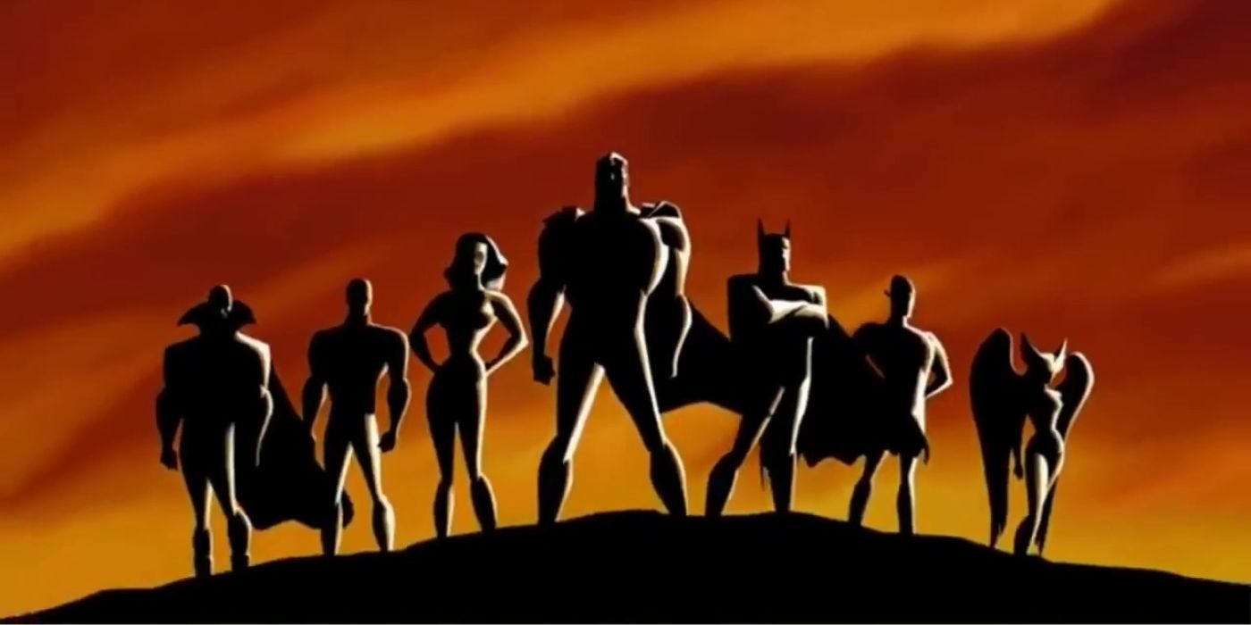 The Justice League standing in the animated series opening