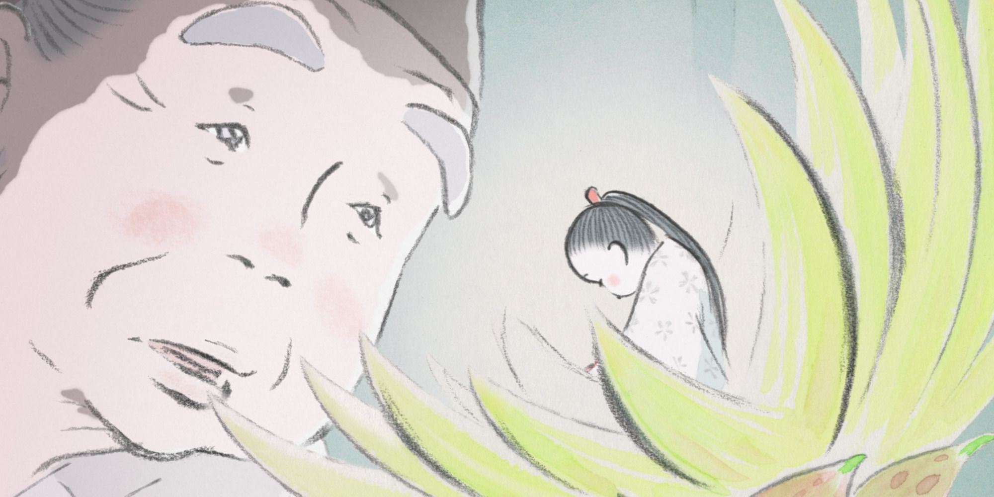 Bamboo cutter looking at a tiny Princess Kaguya inside a glowing flower