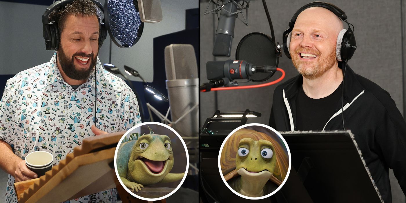 Adam Sandler and Bill Burr in the recording booth for Leo.