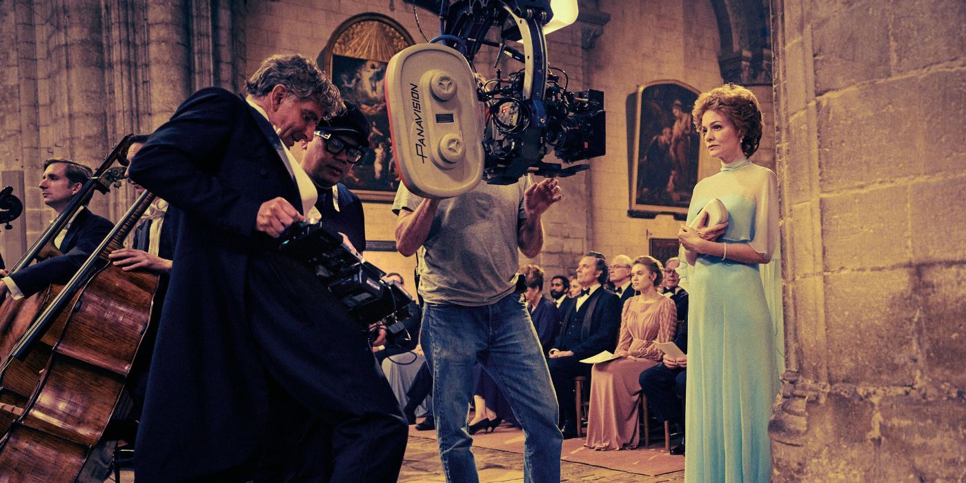 Bradley Cooper and Carey Mulligan in costume on the set of Maestro as Leonard Bernstein and Felicia Montealegre alongside cinematographer Matthew Libatique 