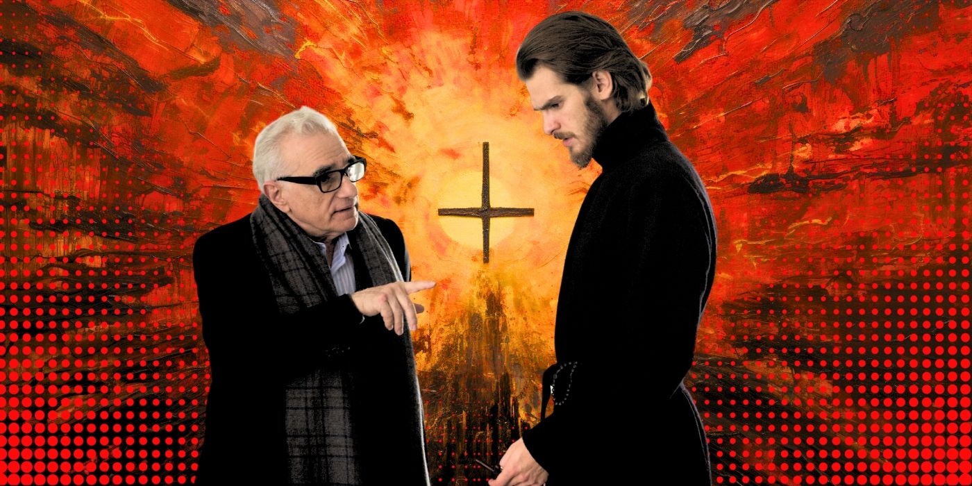 Martin Scorsese and Andrew Garfield on the set of Silence standing on a red background with a cross