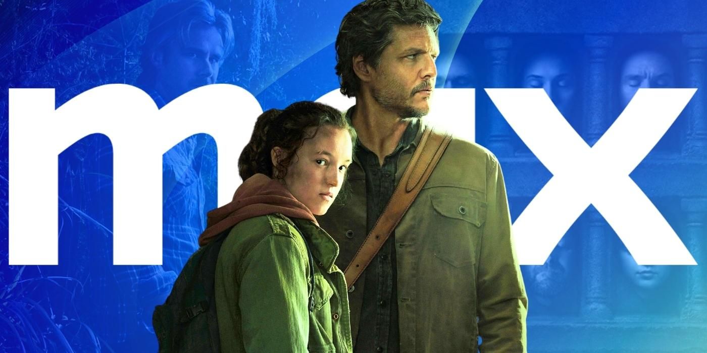 Pedro Pascal and Bella Ramsey from The Last of Us standing in front of the Max logo