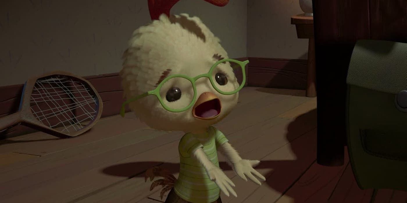 Chicken Little with glasses and hands out 