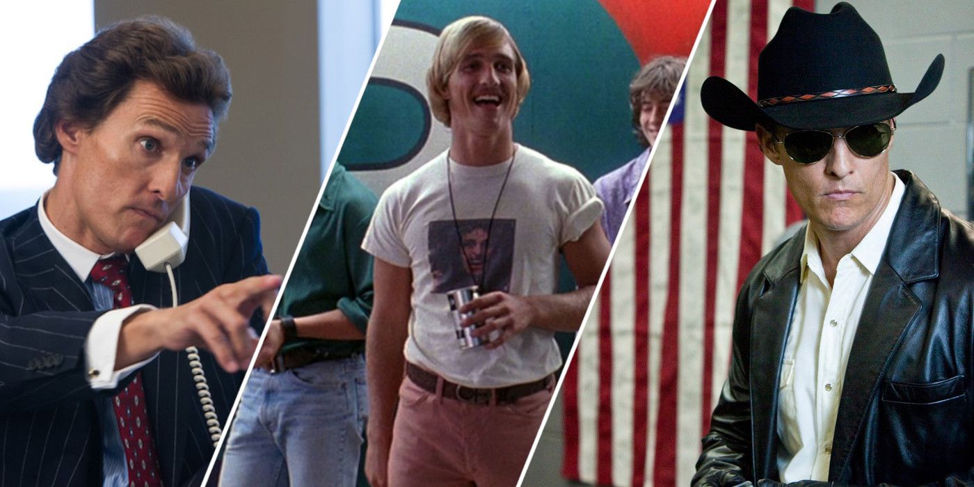 Triptych image of Matthew McConaughey in 'Wolf of Wall Street', 'Dazed and Confused' and 'Killer Joe'