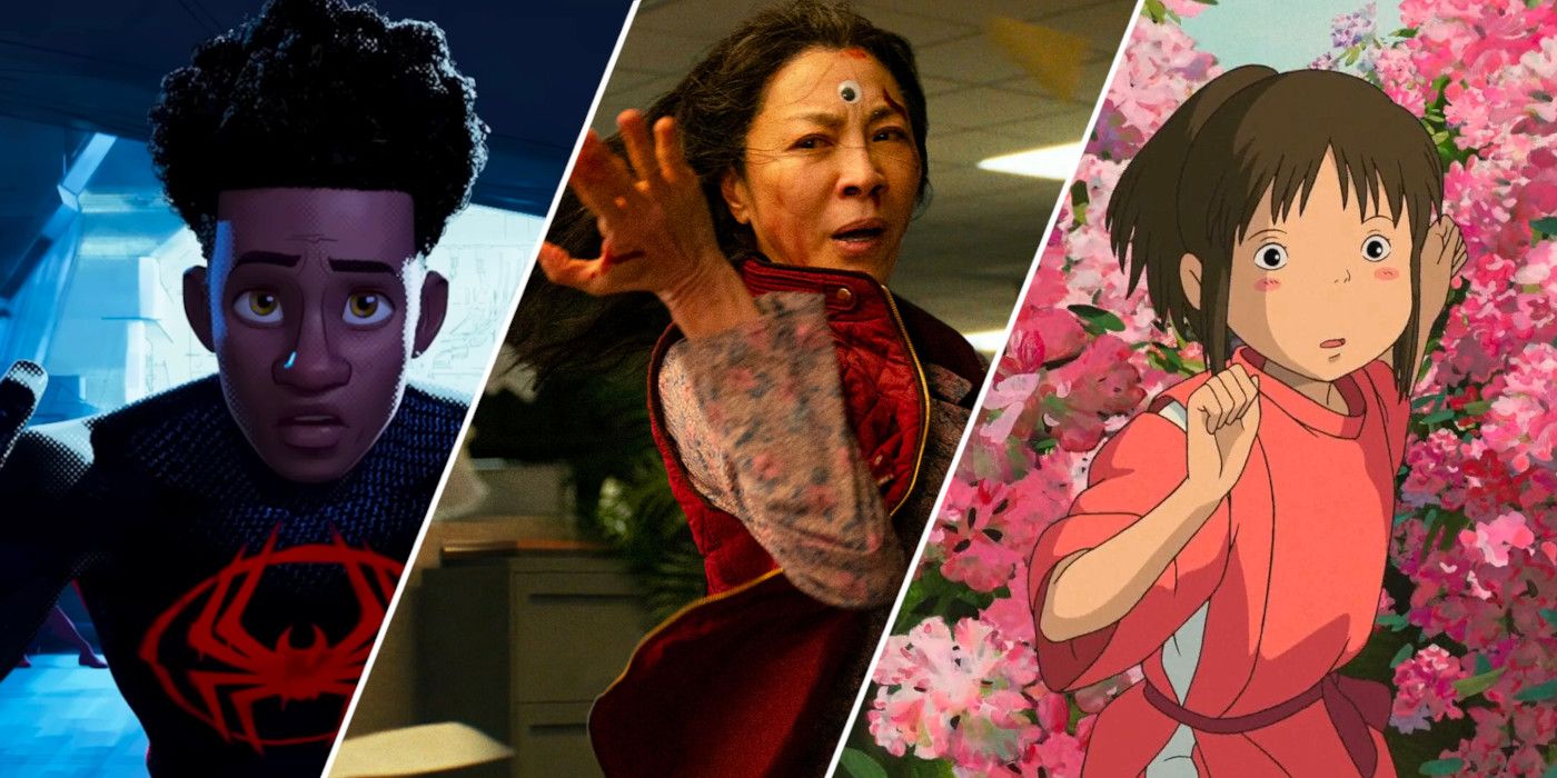 A still of Miles Morales in Spider-Man: Across the Spider-Verse, actress Michelle Yeoh as Evelyn in Everything Everywhere All at Once, and Chihiro in Spirited Away respectively.