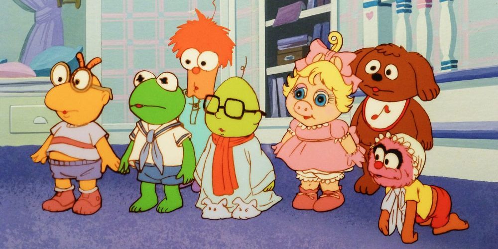 Scooter, Kermit, Beaker, Dr. Honeydew, Miss Piggy, Rolf, and Animal as they appeared in Muppet Babies.