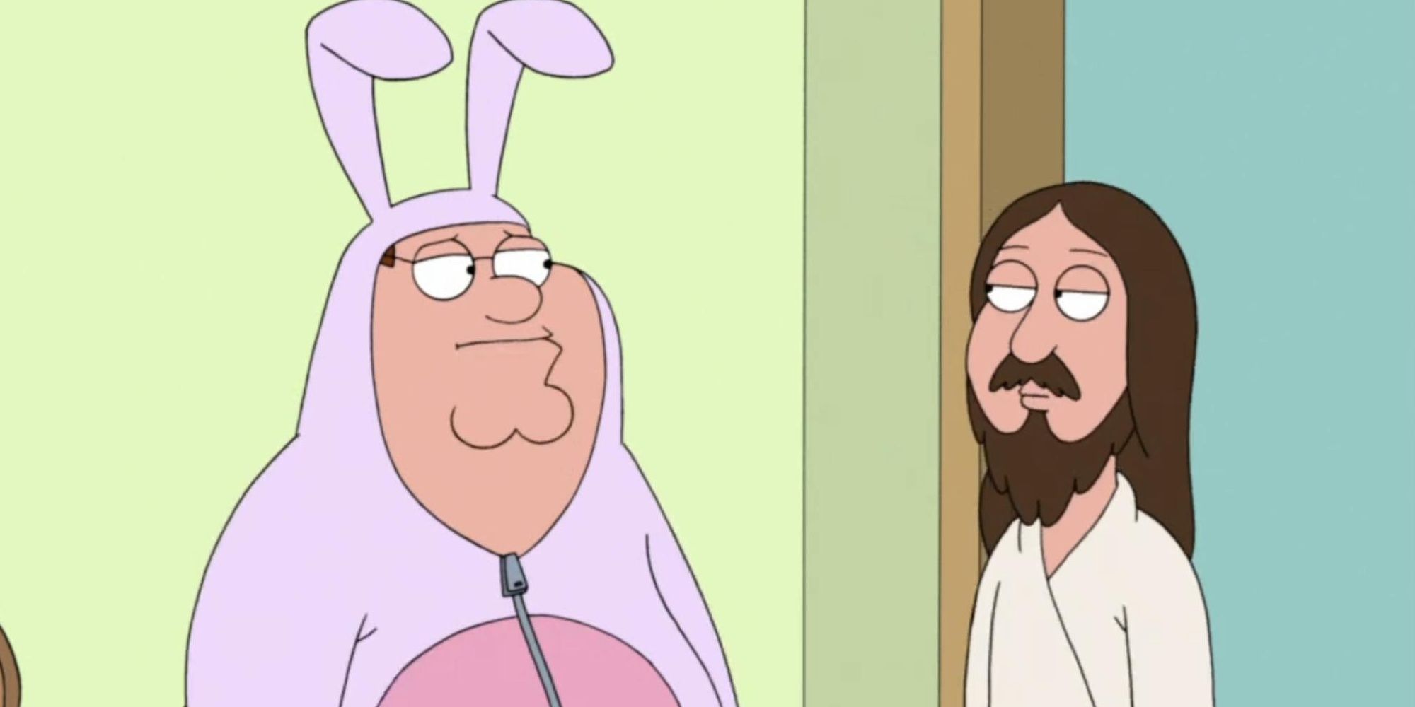 Peter dressed as the Easter Bunny in front of Jesus in Family Guy