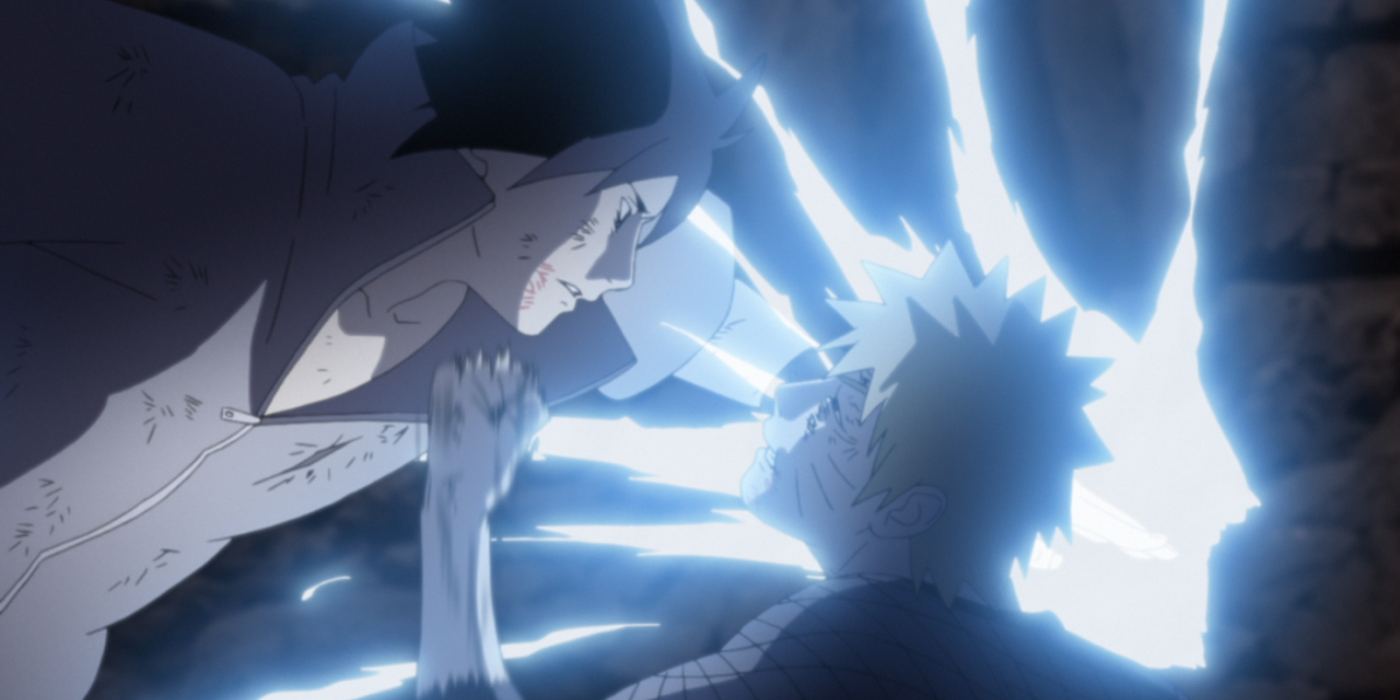 Naruto and Sasuke trade attacks in the Final Valley battle in Naruto