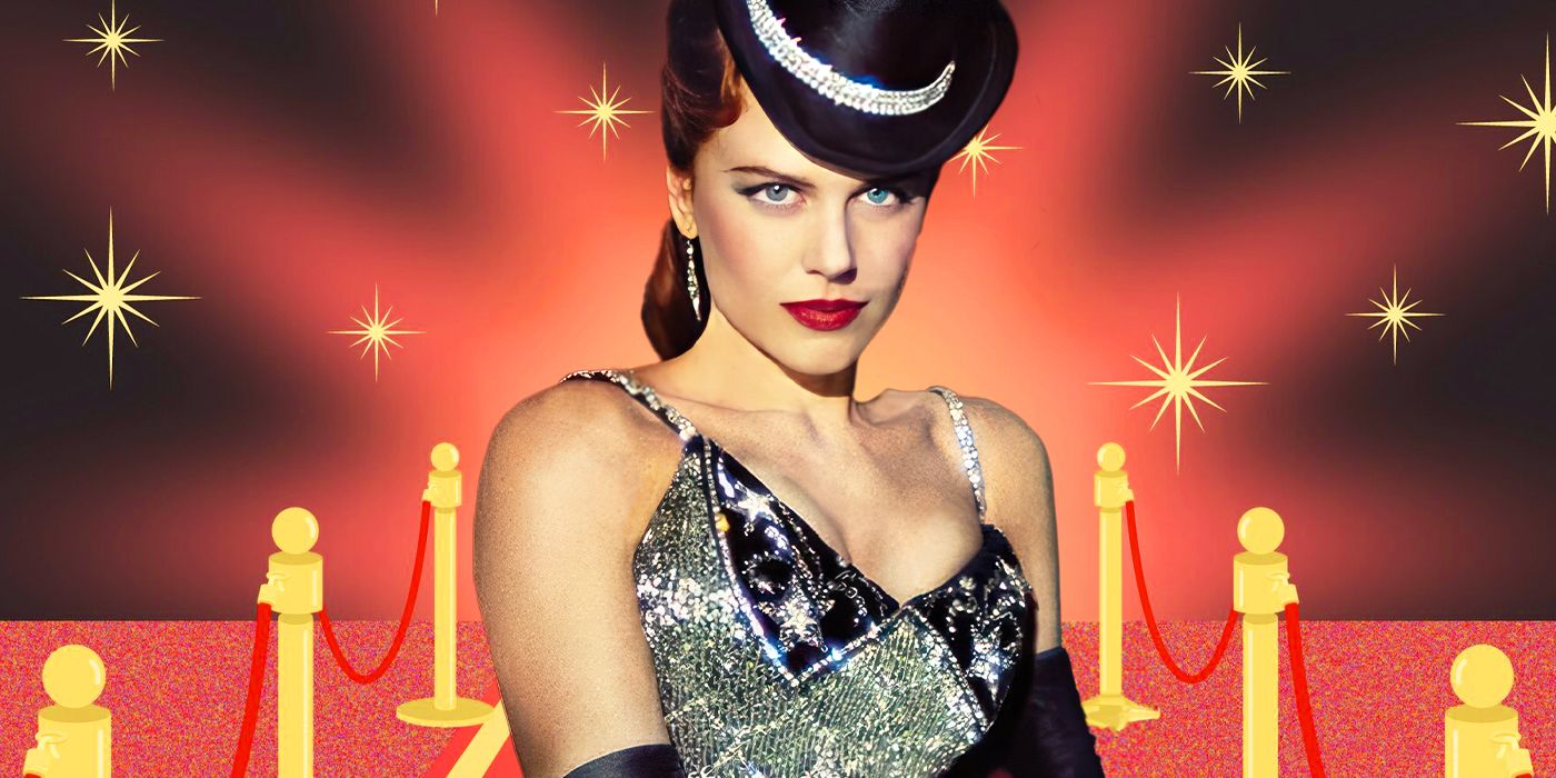 Blended image showing Nicole Kidman in Moulin Rouge with a red carpet in the background.