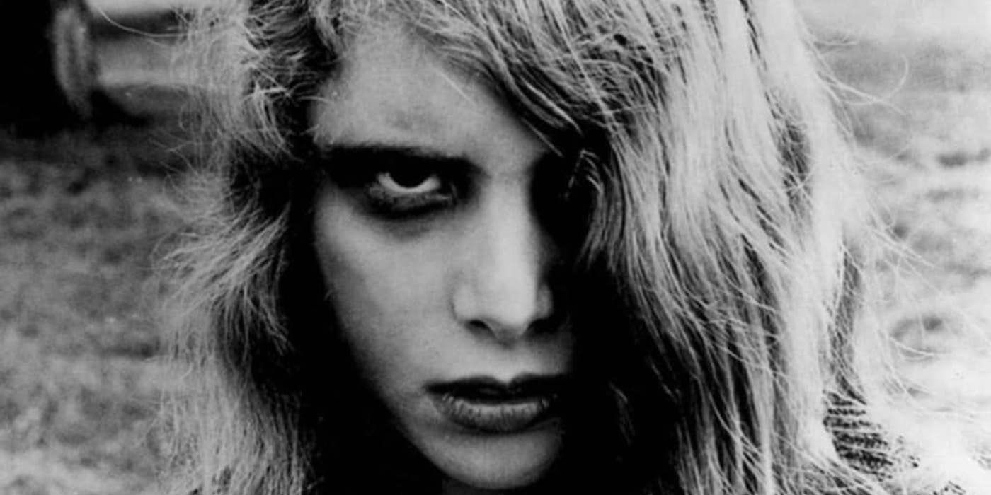 A black and white close-up shot of Kyra Schon glaring at the camera in Night of the Living Dead