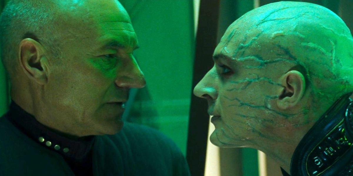 Patrick Stewart and Tom Hardy share a close stare as Jean-Luc PIcard and Shinzon in Star Trek: Nemesis
