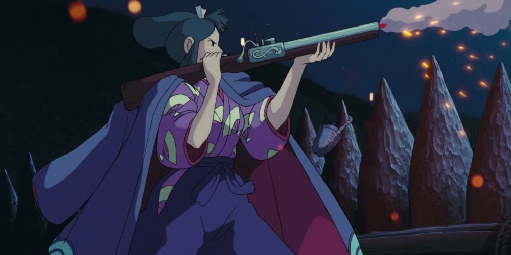 Lady Eboshi fires a rifle at the apes trying to re-plant trees.