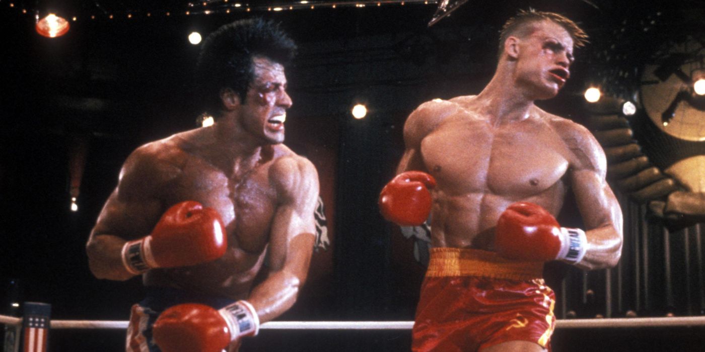 Sylvester Stallone and Dolph Lundgren battle it out as Rocky and Drago in Rocky IV