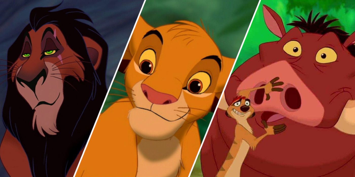 Split image showing Scar, Simba, and TImon and Pumbaa in The Lion King