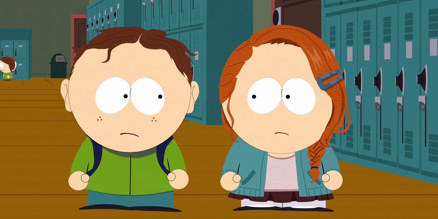 Scott Malkinson habla con una niña junto al casillero de su escuela en South Park