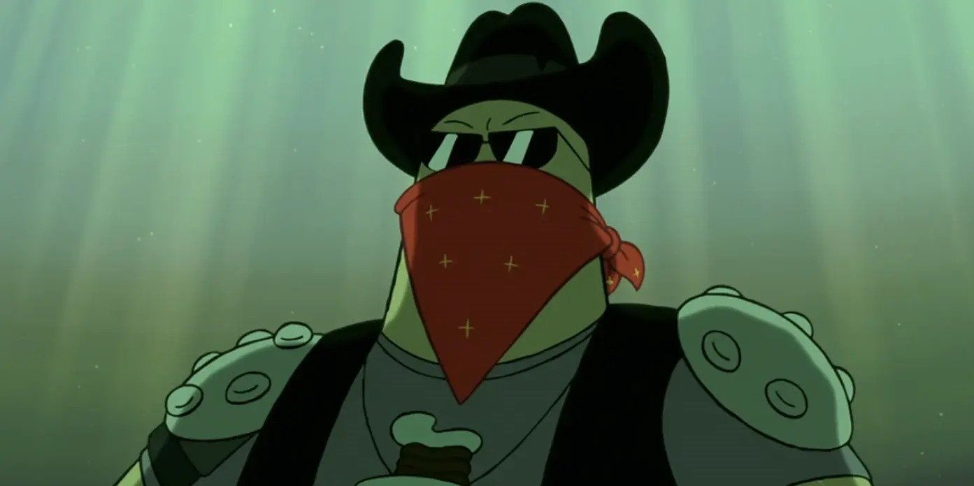 A still from The SpongeBob SquarePants Movie featuring the Hitman, Dennis.