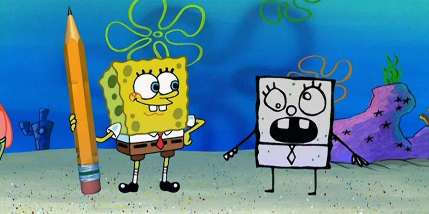 A still from Spongebob SquarePants featuring SpongeBob holding a magic realistic pencil, as well as his new creation, DoodleBob