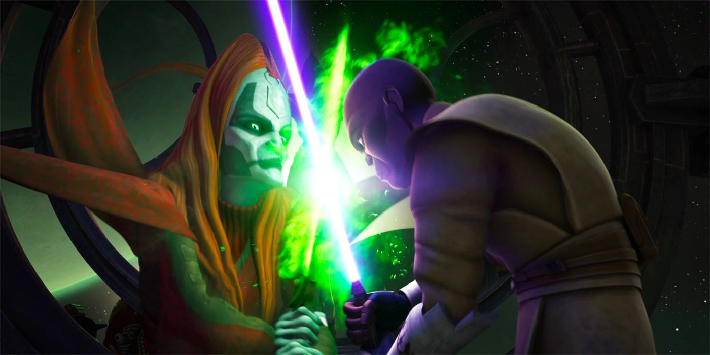 Mother Talzin fighting Mace Windu with the Blade of Talzin in Star Wars: The Clone Wars
